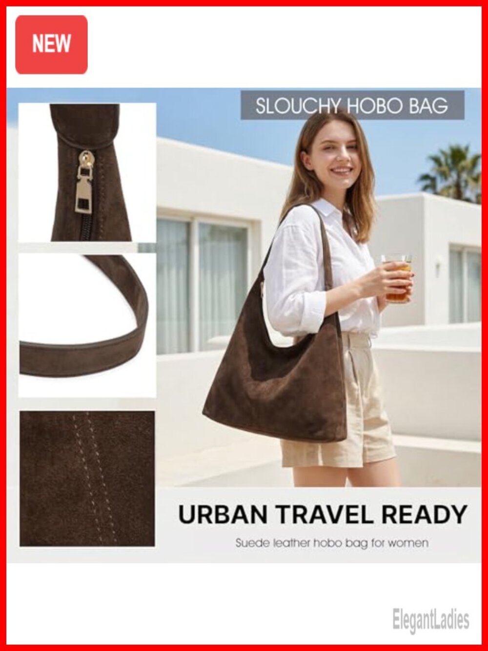 Faux Suede Hobo Bag Tote Shoulder Purse with Pouch - Picture 5 of 6